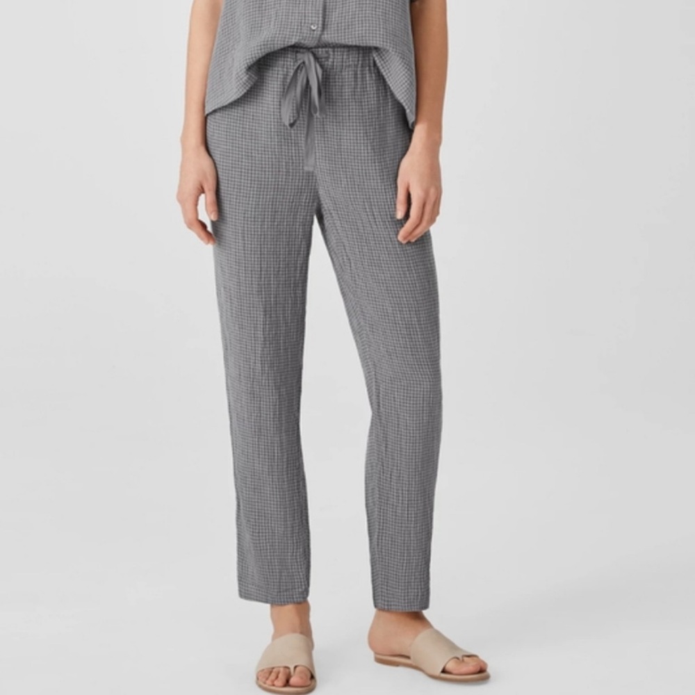 Eileen Fischer Puckered Organic Linen Grey Checkered Tapered Pant Size XL